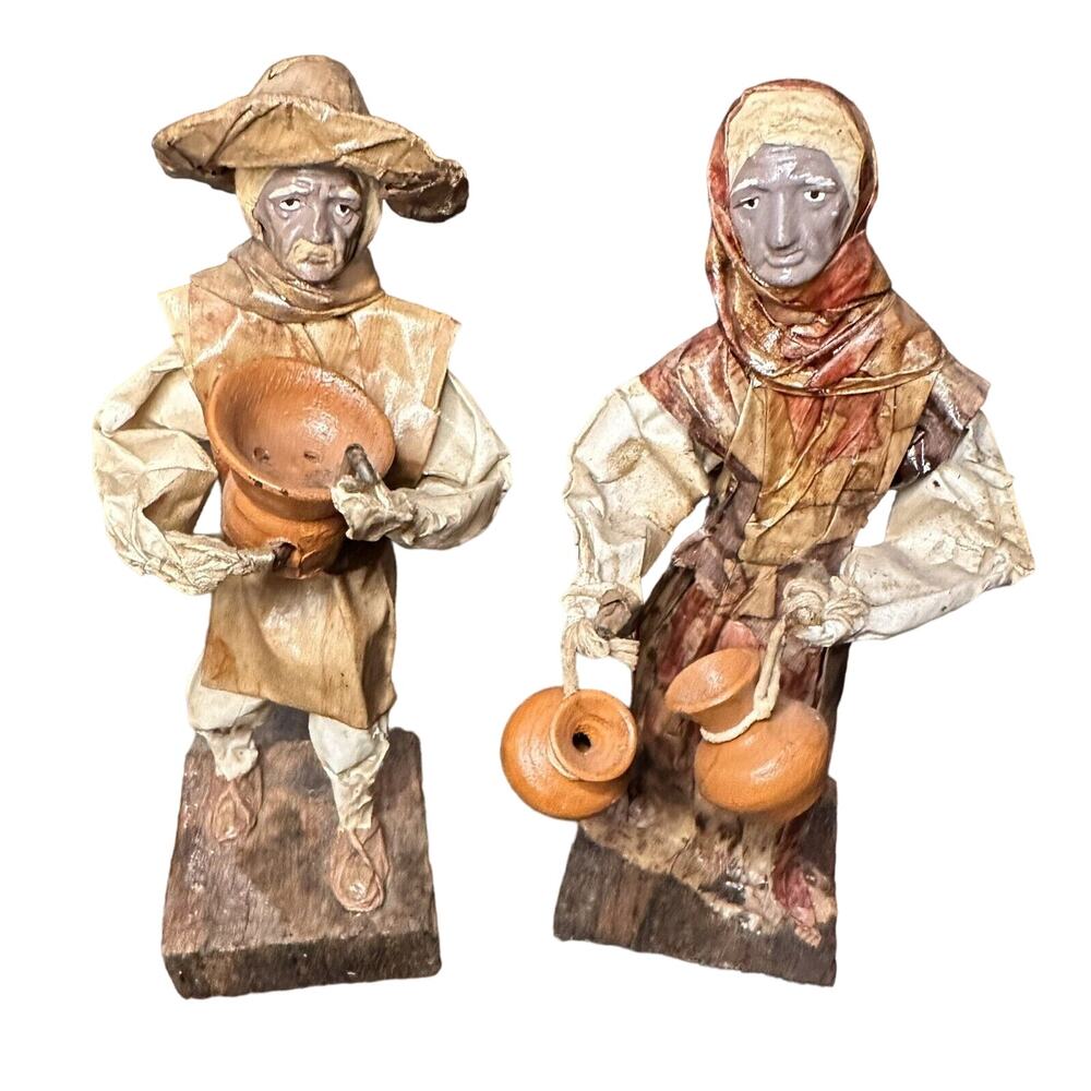 Vintage Pair Of Paper Mache Mexican Folk Art Figurines Worker Water Bearers